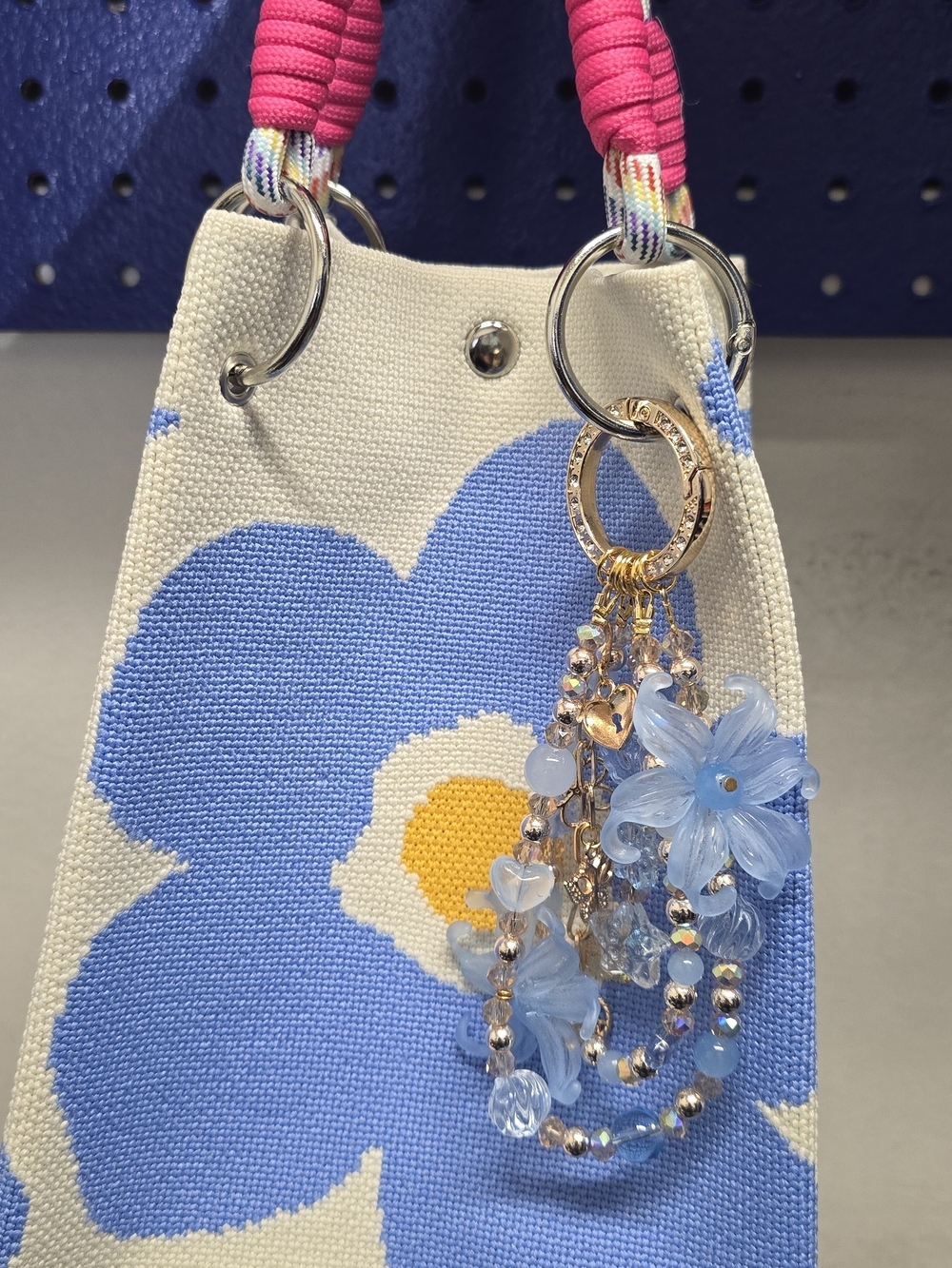 Blue Floral Acrylic Charm Keychain - Decorative Bag Charm